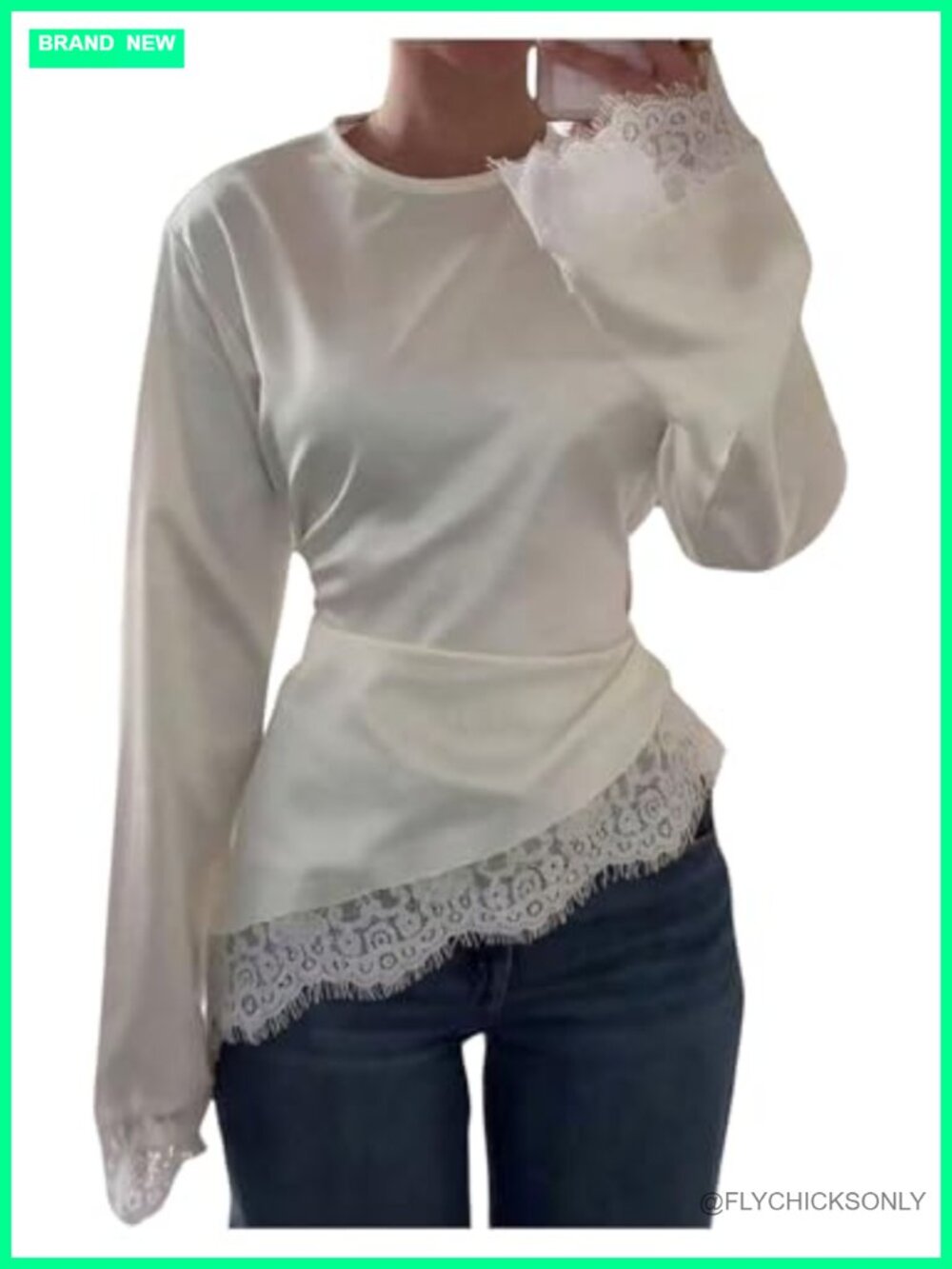 Satin Asymmetrical Cinched Waist Long Sleeve Lace Blouses